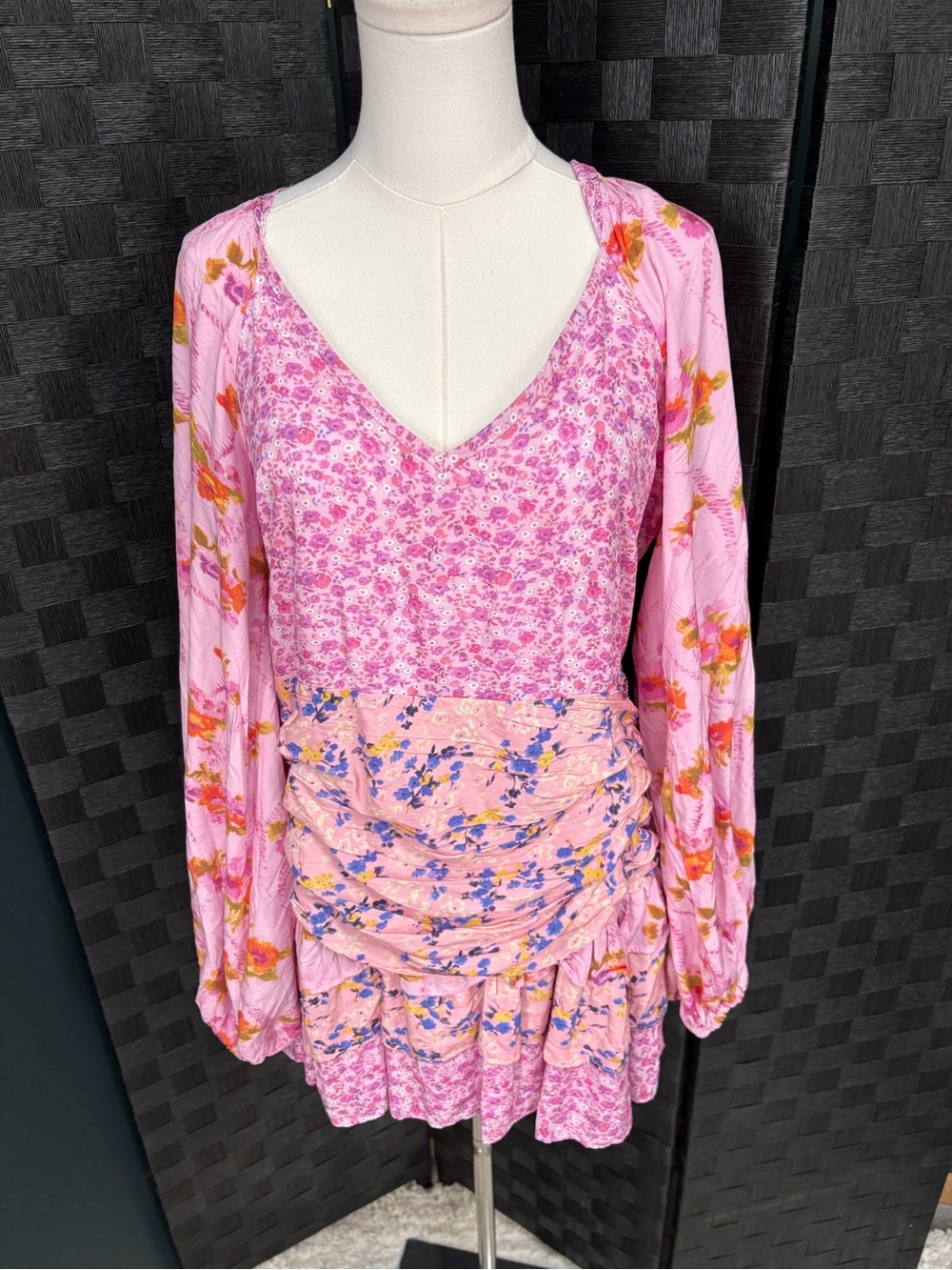Cottagecore Boho For Love Bell Pink Patchwork Ruffle Mini Dress
